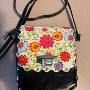 Floral Black Faux Leather Crossbody Bag